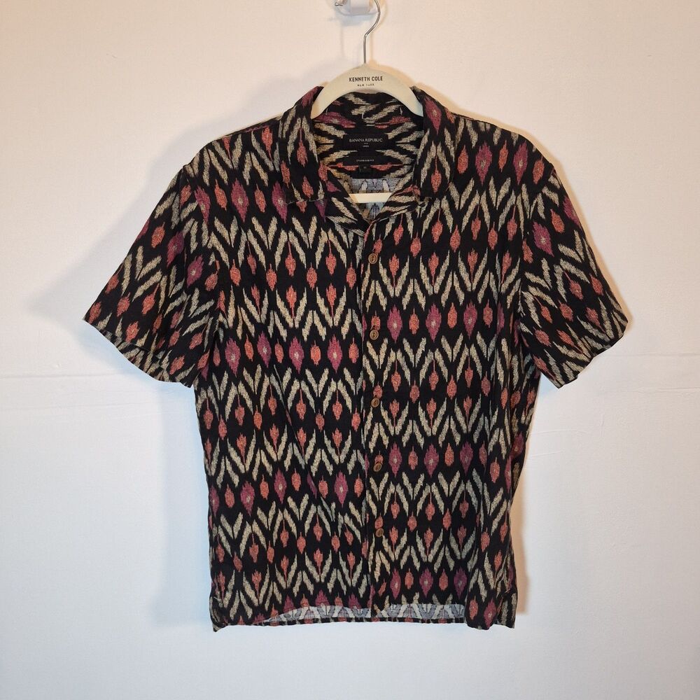 Banana Republic Mens Shirt Sz M Multicolor Geometric Short Sleeve Linen Blend